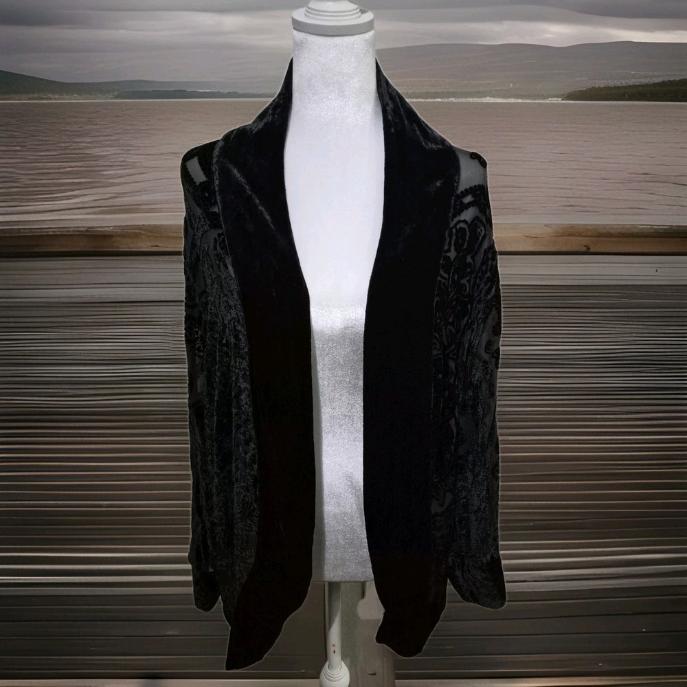 Ethos Burnout Velvet Kimono Jacket‎ Open Front Sz Medium Black Sheer Witchy